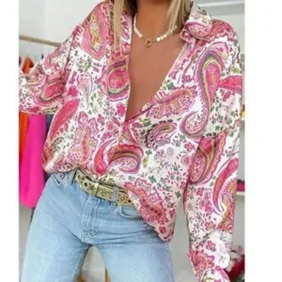 Tops - Boho Paisley Print Button Down loose Fit Boyfriend shirt